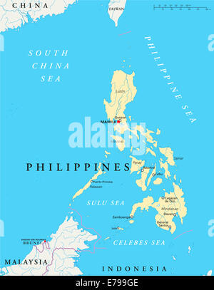 Philippines Political Map with capital Manila, national borders, most important cities, rivers and lakes. English labeling. Stock Photo