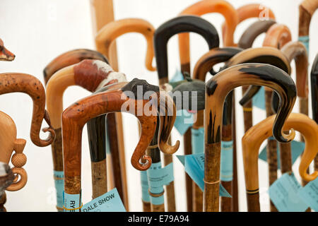 Close up of wooden walking sticks on display in competition Ryedale Show near Kirkbymoorside North Yorkshire England UK United Kingdom Britain Stock Photo