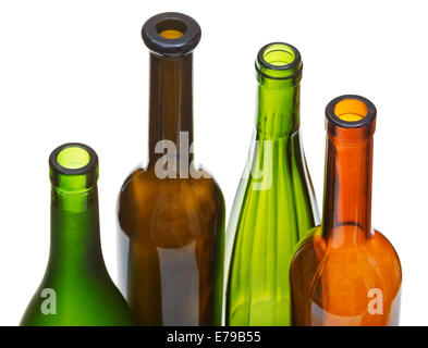 four open bottlenecks of colored wine bottles isolated on white background Stock Photo