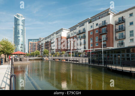 Apartments and the 'Lipstick' tower at Gunwharf Quays in Portsmouth, Hampshire, England Stock Photo