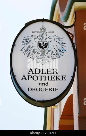 Hanging sign, Adler-Apotheke pharmacy, Swakopmund, Erongo Region, Namibia Stock Photo