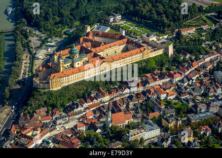 Aerial view, Melk Abbey, Benedictine monastery, Austrian Baroque, Melk, Wachau, Lower Austria, Austria Stock Photo