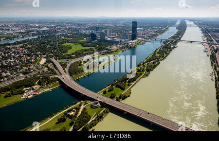 Aerial view, Tech Gate Vienna, science and technology park, high-rise high-rise building on the Danube River, Vienna, Austria Stock Photo