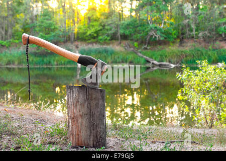 Axe in log on lake and forest background Stock Photo