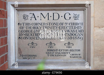 1889 corner stone at holy trinity church, architect john dando sedding, sloane square, chelsea, london, england Stock Photo