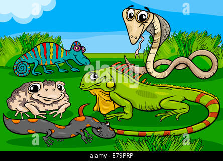 Cartoon Illustrations of Funny Reptiles and Amphibians Animals Characters Group Stock Photo