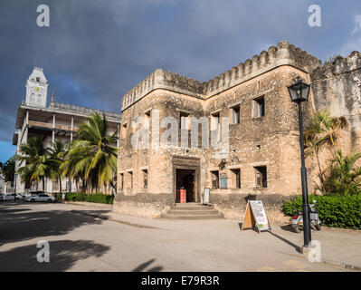 The Old Fort (Ngome Kongwe) also known as the Arab Fort and the House of Wonders in Stone Town on Zanzibar island. Stock Photo