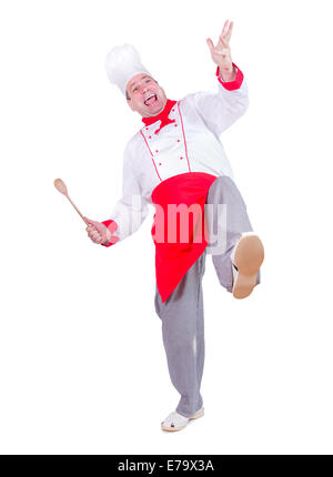 cheerful chef dancing on white background Stock Photo