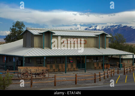 Stovepipe Wells General Store, and snow on Grapevine Mountains, Amargosa Range, Death Valley National Park, Mojave Desert, Calif Stock Photo