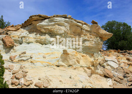 Yellow sandstone formations and green junipers in New Mexico wilderness Stock Photo