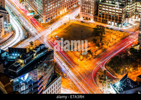 Top view in New York with traffic trails on Canal Street and Avenue of Americas