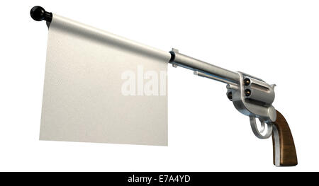 A six shooter gun with a blank white flag coming out the barrel on an isolated white background Stock Photo