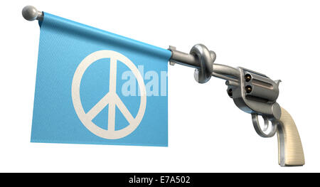 A six shooter gun with a knotted barrel with a blue flag coming out with a peace symbol on it on an isolated white background Stock Photo