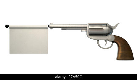 A six shooter gun with a blank white flag coming out the barrel on an isolated white background Stock Photo