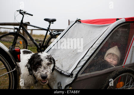 Baby girl sleeping in pushchair Stock Photo