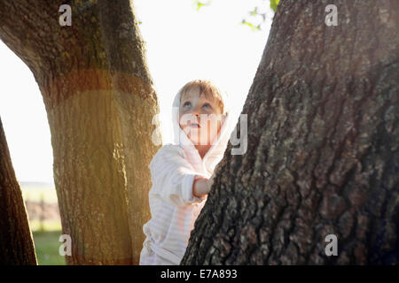 A young girl leaning on a tree trunk and looking up in wonder Stock Photo
