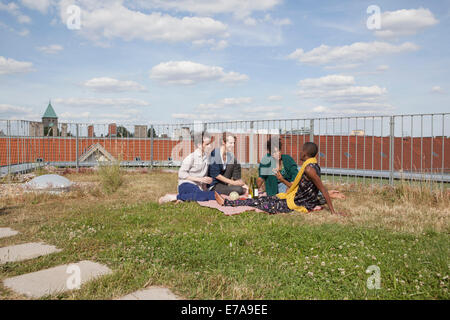 Friends spending leisure time on terrace garden Stock Photo