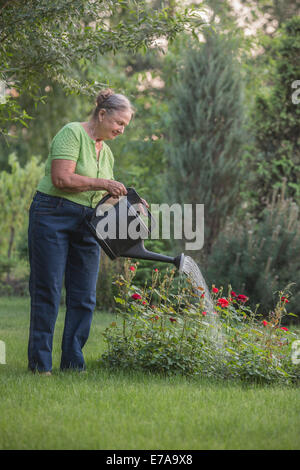 Senior woman watering flowers in garden Stock Photo