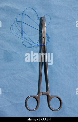 A pair of surgical scissors holding a suture needle and thread, directly above Stock Photo