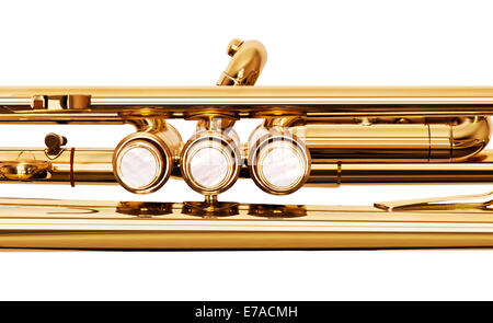 golden brass trumpet valves top view isolated on white background Stock Photo