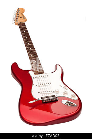 red six-stringed electric guitar isolated on white background Stock Photo