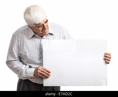 Mature man holding a blank billboard isolated on white background Stock Photo