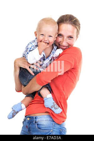 Young Caucasian woman and her baby son over white background Stock Photo