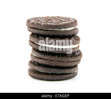 chocolate cookies with cream filling isolated on white background Stock Photo