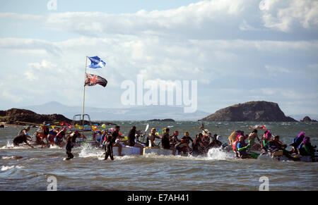 Competitors set off in the annual charity raft race at North Berwick, Scotland. Stock Photo