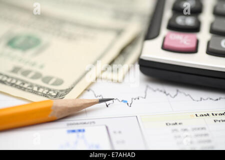 Financial statements, business graph or chart, calculator, pencil and one hundred dollars. Shallow depth of field. Closeup. Stock Photo