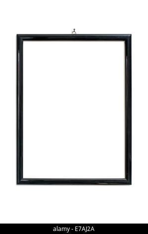 black picture frame hanging on nail, isolated on white Stock Photo