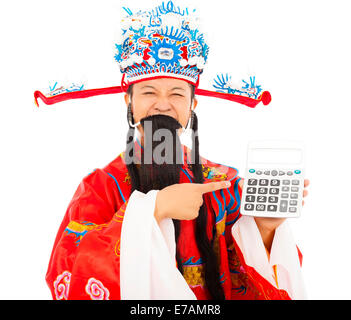 God of wealth pointing a compute machine over white background Stock Photo