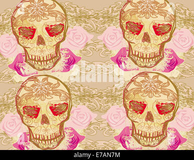 Skull and Flowers Day of The Dead Seamless Background Stock Photo