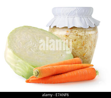 Marinated cabbage (sauerkraut) in glass jar on white background Stock Photo