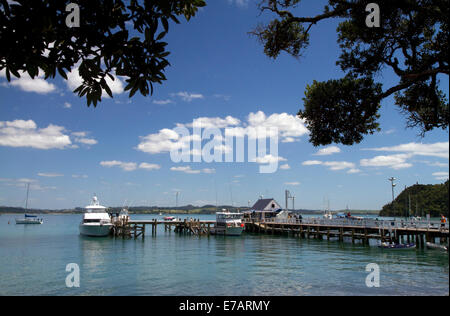Pier and boats docked in the waterfront town of Russell on the Bay of Islands, North Island, New Zealand. Stock Photo