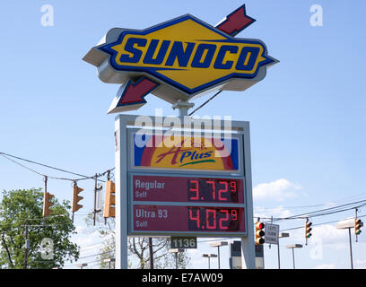 Sunoco price sign for regular and ultra gasoline. Stock Photo