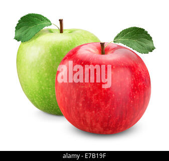 Green and red apple with leaves isolated on white Stock Photo