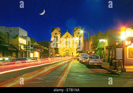 A view of St. Francis Basillica near the historic Santa Fe Plaza in Santa Fe New Mexico Stock Photo