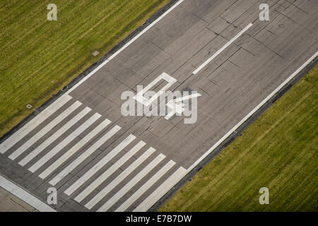 An aerial view showing a close up of the Runway 04 threshold at Hawarden Airport, home of the Airbus factory. Cheshire UK Stock Photo