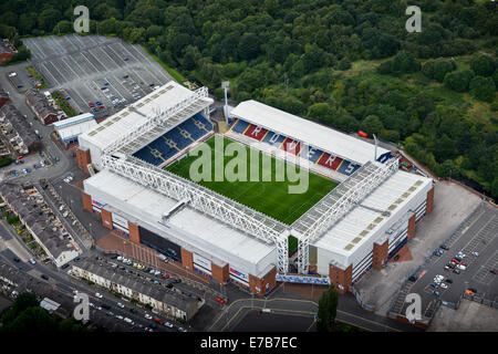 A close up aerial view of Ewood Park, home of Blackburn Rovers, Lancashire, UK Stock Photo