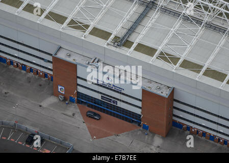 A close up aerial view of the main entrance of the Darwen End Stand at Ewood Park, home of Blackburn Rovers Stock Photo