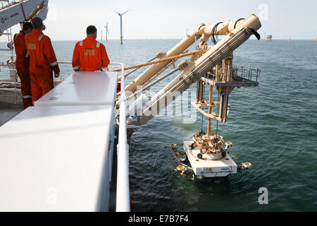 An SMD Remotely Operated Vehicle (ROV) cable trenching crawler working offshore on the Gwynt y Mor Offshore Wind Farm Stock Photo