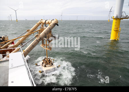 An SMD Remotely Operated Vehicle (ROV) cable trenching crawler working offshore on the Gwynt y Mor Offshore Wind Farm Stock Photo