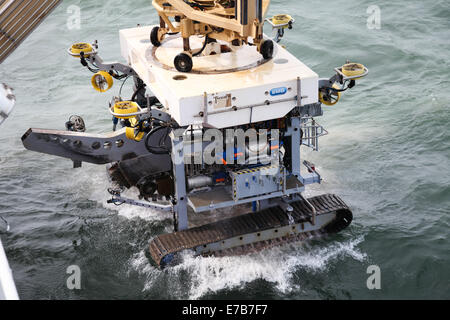 An SMD Remotely Operated Vehicle (ROV) cable trenching crawler working offshore on the Gwynt y Mor Offshore Wind Farm Stock Photo