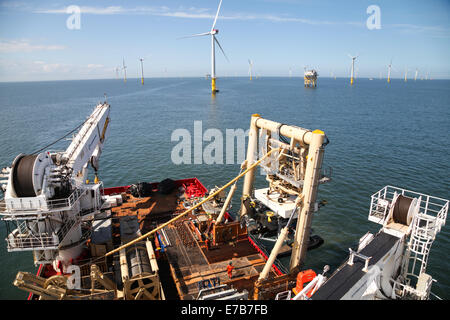 The back deck of the ROV/Cable Trenching vessel, Fugro Saltire, working on the Gwynt y Mor Offshore Wind Farm Stock Photo