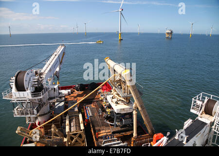 The back deck of the ROV/Cable Trenching vessel, Fugro Saltire, working on the Gwynt y Mor Offshore Wind Farm Stock Photo