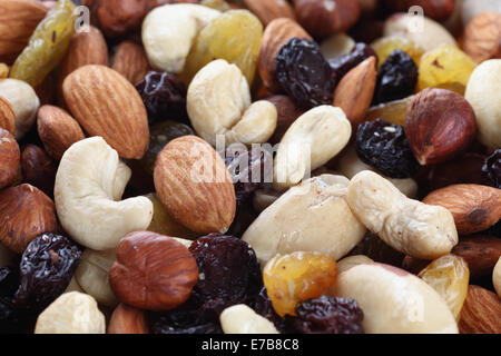 Variety of nuts and raisin. Close-up. Stock Photo