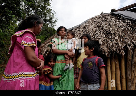 Indigenous women and children of the Ngabe & Bugle native ethnic group stand outside their hut in Comarca Quebrado Guabo reservation in Chiriqui province Republic of Panama Stock Photo