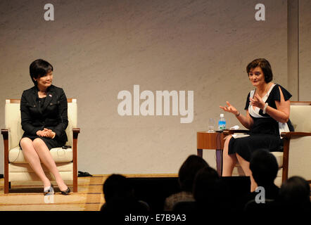 Tokyo, Japan. 12th Sep, 2014. Akie Abe (L), wife of Japanese Prime Minister Shizo Abe and Cherie Blair (R), wife of former British Prime Minister Tony Blair, have a special talk session titiled 'Toward a society where women shine' during the opening forum of the 'World Assembly for Women in Tokyo', or 'WAW! Tokyo', in Tokyo, Japan, on Sept. 12, 2014. 'WAW! Tokyo' 2014 will also have a roundtable discussion among participants from Japan and overseas on Saturday. Credit:  Xinhua/Alamy Live News Stock Photo