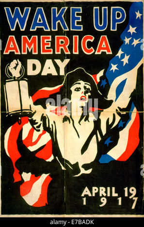 Wake up America Day - April 19, 1917. Poster showing woman as town crier carrying lantern and American flag. Stock Photo